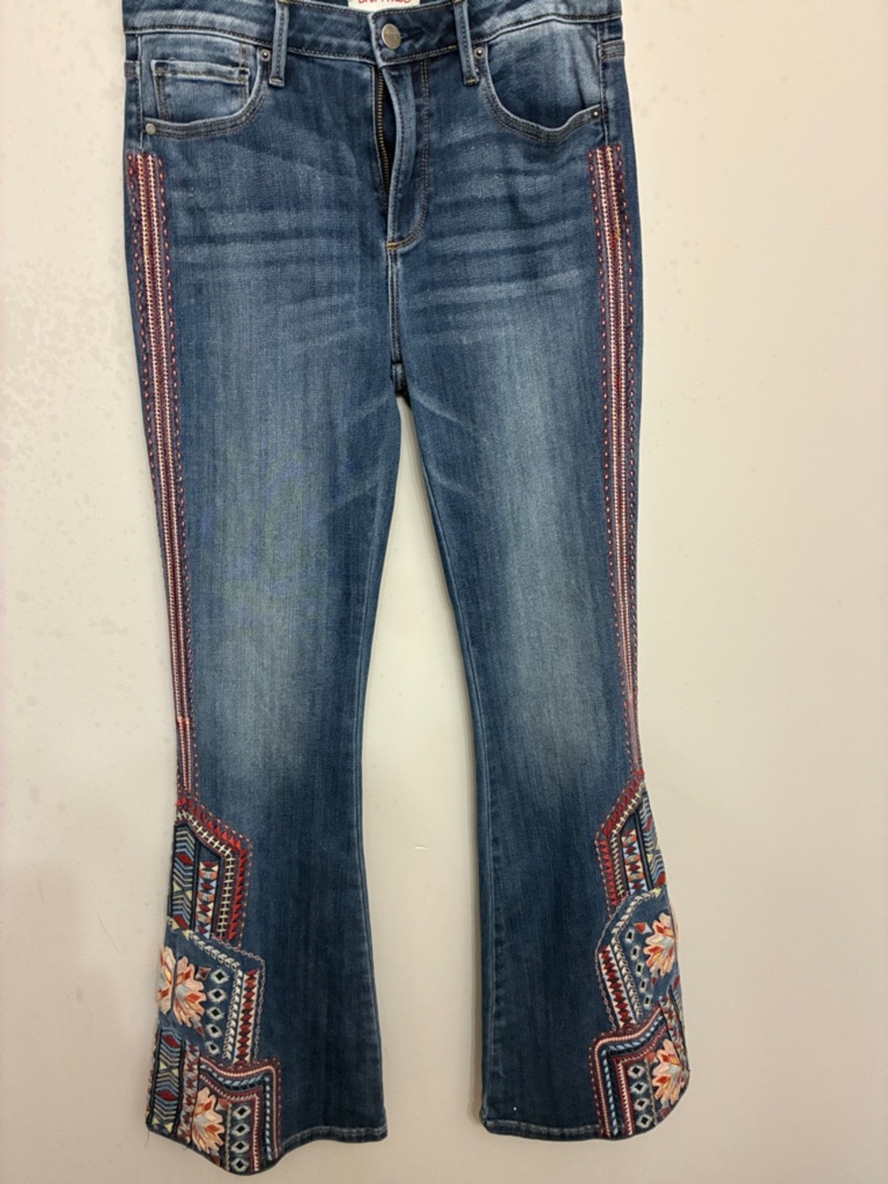 DRIFTWOOD Blue Flare Jeans with Multicolor Embroidered Trim